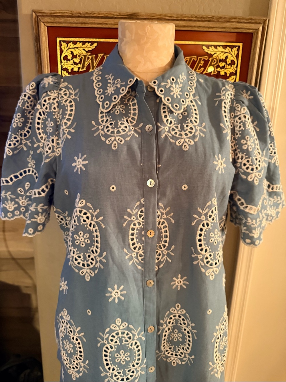 Magaschoni Blue Dress with White Eyelet Embroidery